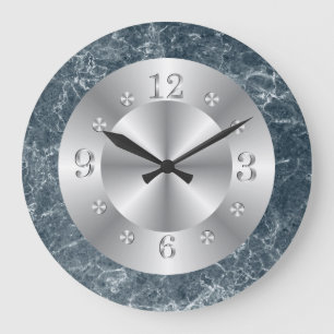 Silver And Blue Faux Marble Large Clock