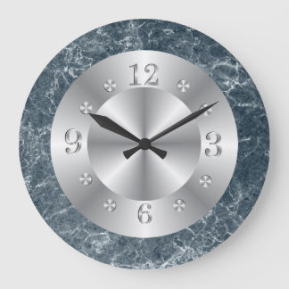 Silver And Blue Faux Marble Large Clock