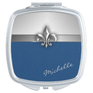 Silver and Blue Faux Metal Fleur de Lis Mirror For Makeup
