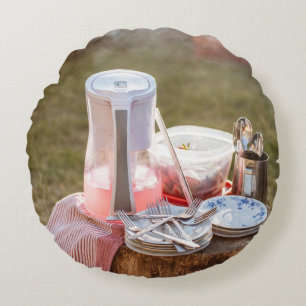 Silver-and-blue floral ceramic plates and pitcher round pillow