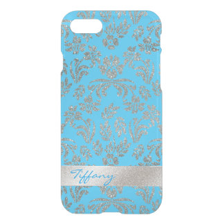 Silver and Blue Floral Damask Clear iPhone 7 Case