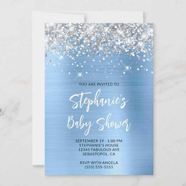 Silver and Blue Glam Online Registry Baby Shower Invitation (Front)