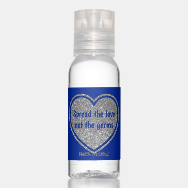 Silver and Blue Heart Wedding Favor Hand Sanitizer (Front)