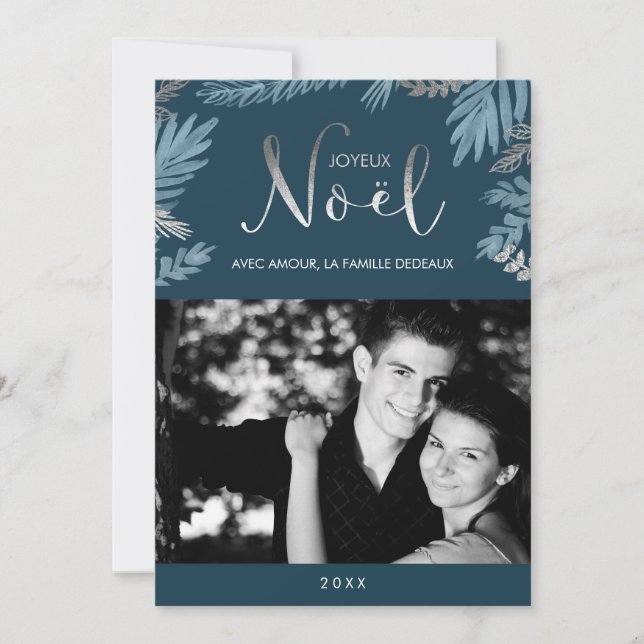 Silver and Blue Leaves Joyeux Noël Photo Holiday Card (Front)