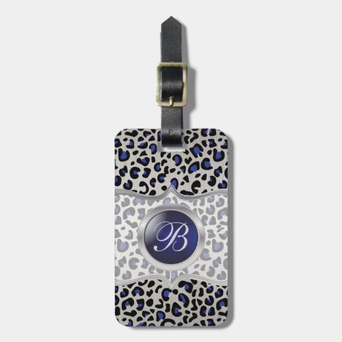 Silver and Blue Leopard Animal Print  Monogram Luggage Tag