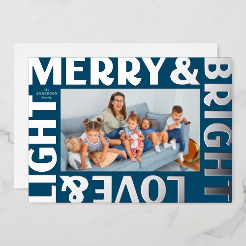 Silver and Blue Merry and Bright Love and Light Foil Holiday Card