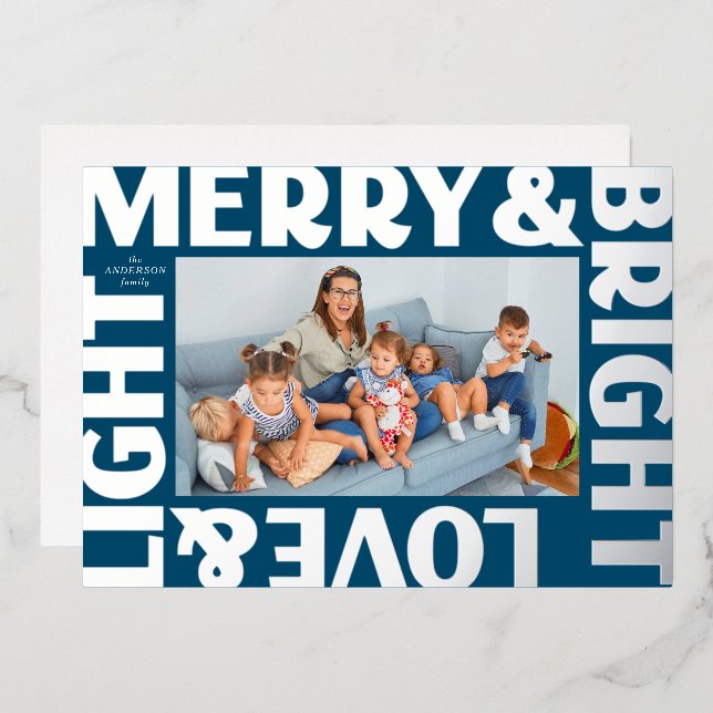 Silver and Blue Merry and Bright Love and Light Foil Holiday Card (Front/Back)