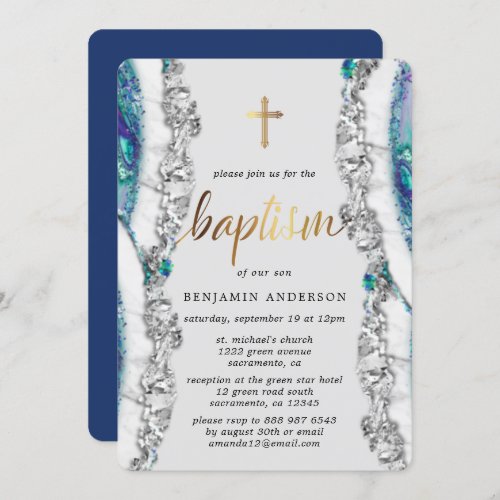 Silver and Blue Mineral Stone Baptism Invitation