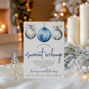 Silver and Blue Ornament Exchange Holiday Party Invitation