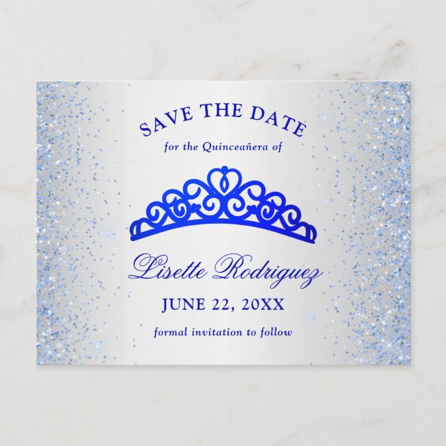Silver And Blue Quinceanera Save The Date Postcard (Front)