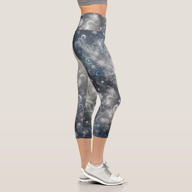 Silver and Blue Snowflake Winter Capri Leggings (Right)