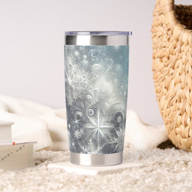 Silver and Blue Snowflake Winter Insulated Tumbler (Living Room)