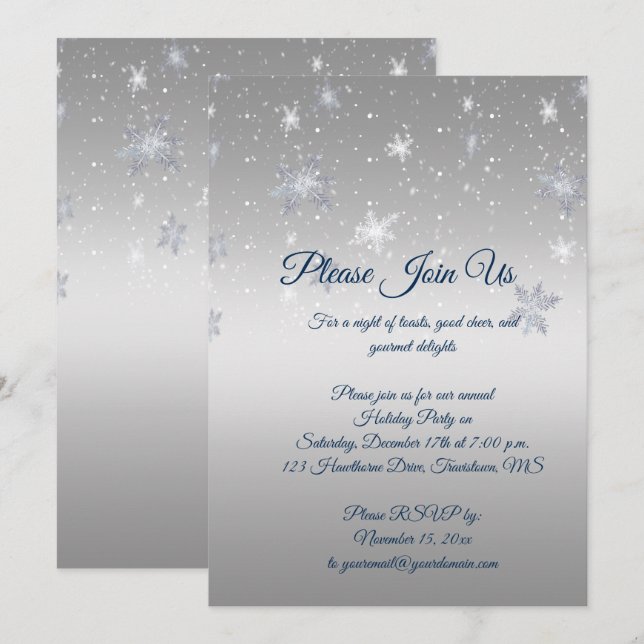 Silver and Blue Snowflakes Christmas Party Invitation (Front/Back)