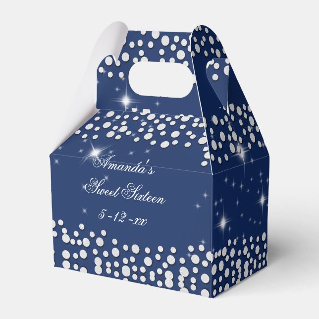 Silver and Blue Sparkle, Sweet Sixteen, Custom Favor Boxes (Back Side)
