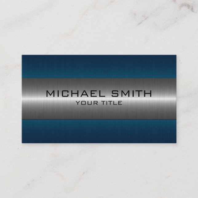 Silver and Blue Stainless Steel Look Business Card (Front)