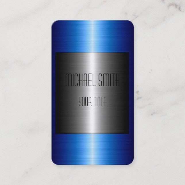 Silver and Blue Stainless Steel Metal Business Card (Front)