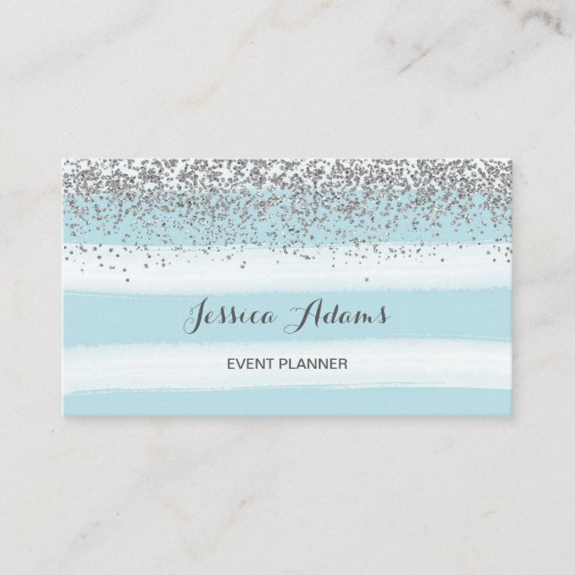 Silver and Blue Stripes Watercolor Business Card (Front)