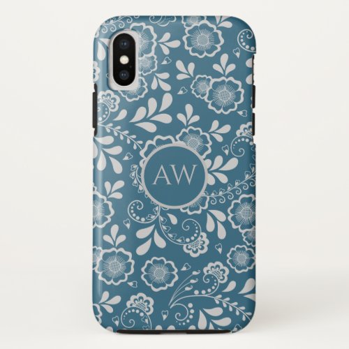 Silver and Blue Victorian Floral Lace Monogram iPhone XS Case