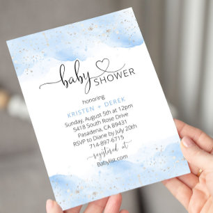 Silver and Blue Watercolor Baby Shower Invitation