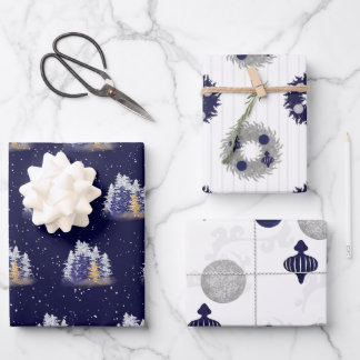 Silver and Blue Watercolor Trees and Ornaments Wrapping Paper Sheets