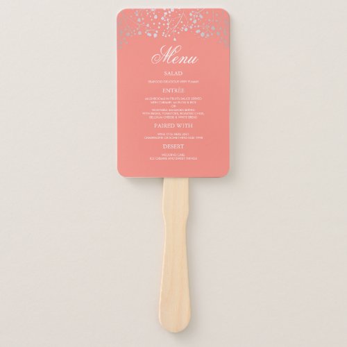 Silver and Blush Coral Wedding Menus Hand Fan