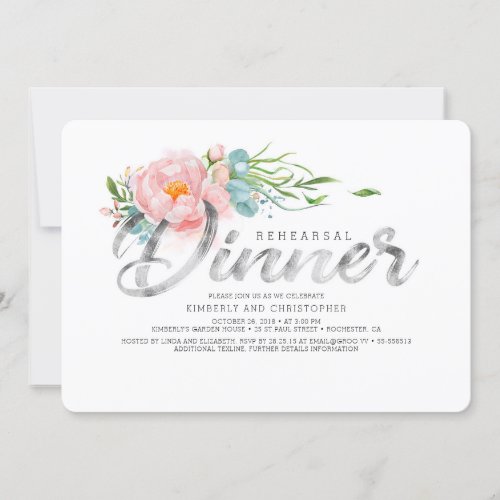 Silver and Blush Pink Florals Rehearsal Dinner Invitation