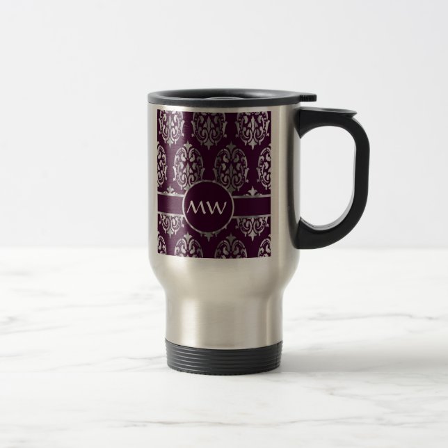 Silver and burgundy damask monogram travel mug (Right)