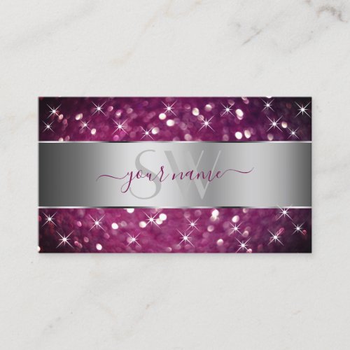 Silver and Burgundy Glitter Sparkle Stars Initials Business Card