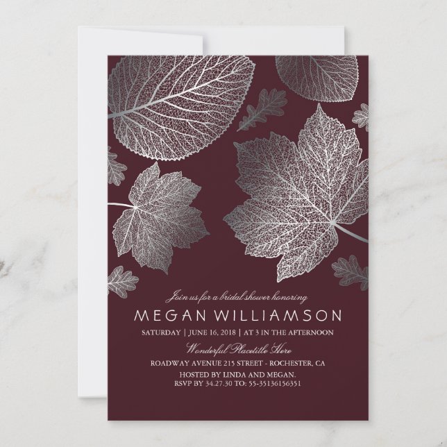 Silver and Burgundy Leaves Fall Bridal Shower Invitation (Front)