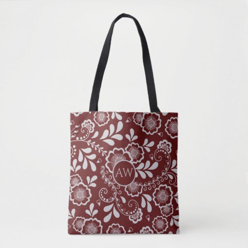 Silver and Cherry Red Victorian Lace Monogram Tote Bag