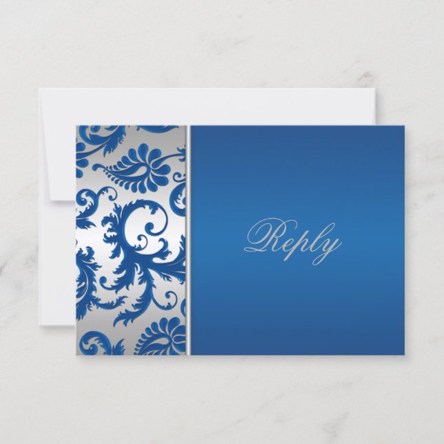 Silver and Cobalt Blue Damask Reply Card (Front)