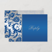 Silver and Cobalt Blue Damask Reply Card (Front/Back)