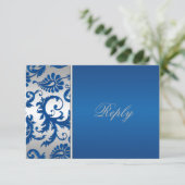 Silver and Cobalt Blue Damask Reply Card (Standing Front)