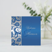 Silver and Cobalt Blue Damask Wedding Invitation (Standing Front)