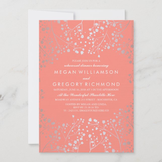 Silver and Coral Baby's Breath Rehearsal Dinner Invitation (Front)