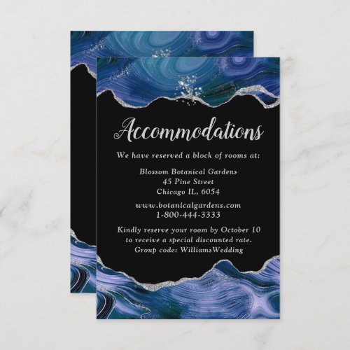 Silver and Dark Blue Agate Wedding Accommodations Enclosure Card