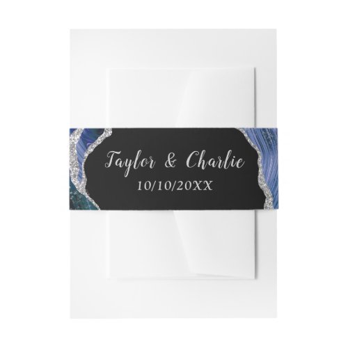 Silver and Dark Blue Agate Wedding Invitation Belly Band