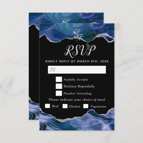 Silver and Dark Blue Agate Wedding Meal Choice RSVP Card