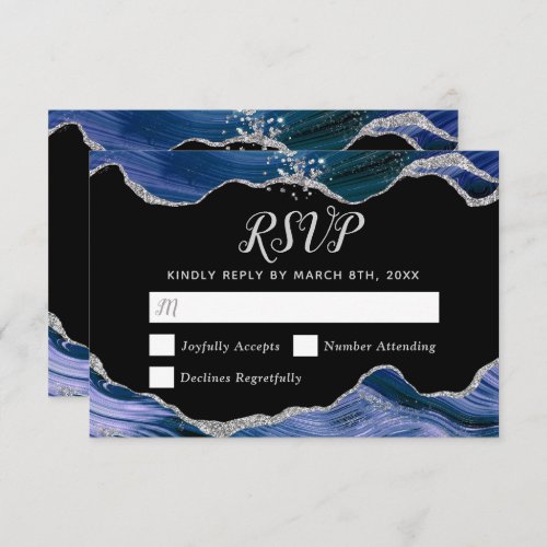 Silver and Dark Blue Agate Wedding RSVP Card