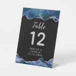Silver and Dark Blue Agate Wedding Table Number Pedestal Sign