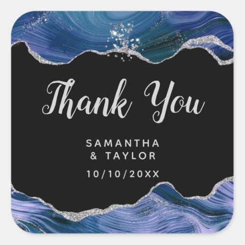 Silver and Dark Blue Agate Wedding Thank You Square Sticker