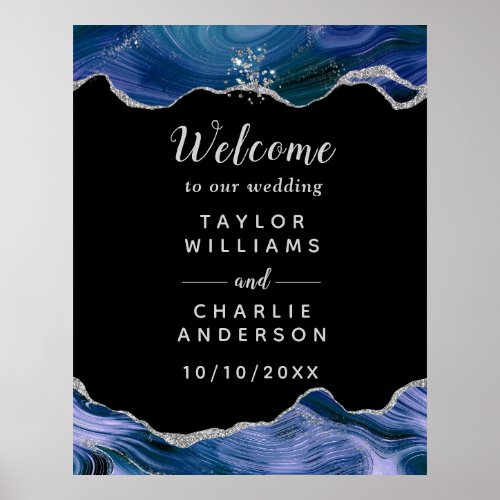 Silver and Dark Blue Agate Wedding Welcome Poster