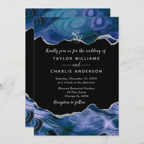 Silver and Dark Blue Faux Glitter Agate Wedding Invitation