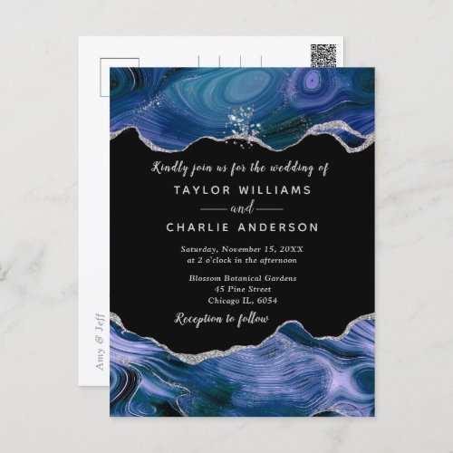 Silver and Dark Blue Faux Glitter Agate Wedding Postcard