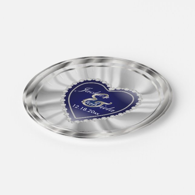 Silver and Dark Blue Wedding or Anniversary Paper Plates (Angled)