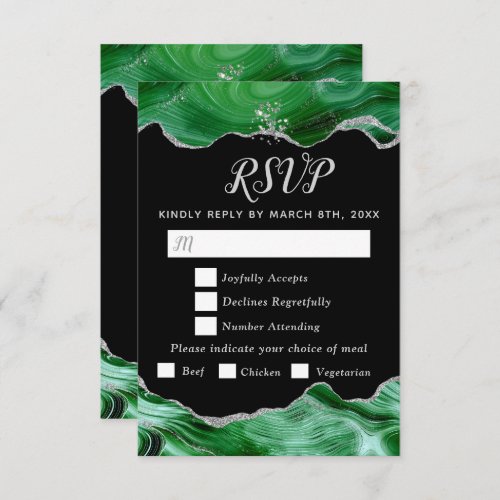 Silver and Dark Green Agate Wedding Meal Choice RSVP Card