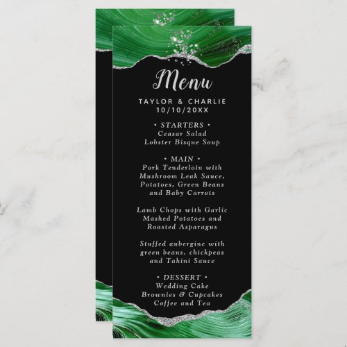 Silver and Dark Green Agate Wedding Menu