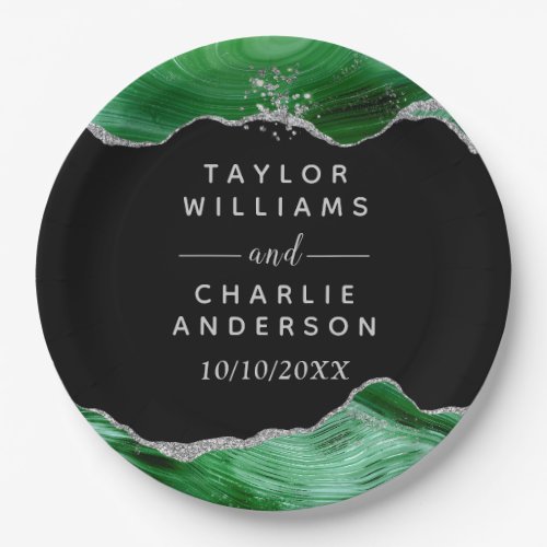 Silver and Dark Green Agate Wedding Paper Plates