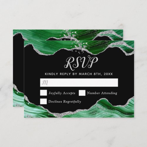 Silver and Dark Green Agate Wedding RSVP Card