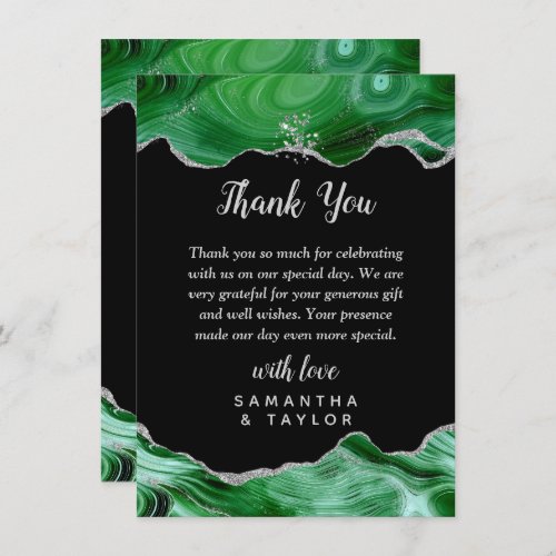 Silver and Dark Green Agate Wedding Thank You Card